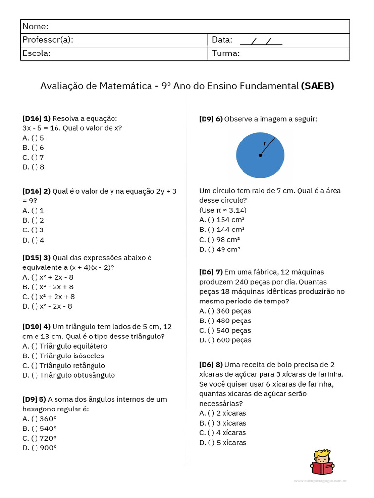 Prova de Matemática SAEB 9º Ano 2023 | PDF | Triângulo | Formas geométricas