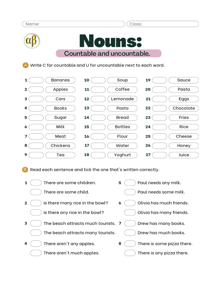 Countable and Uncountable Nouns Worksheet | PDF