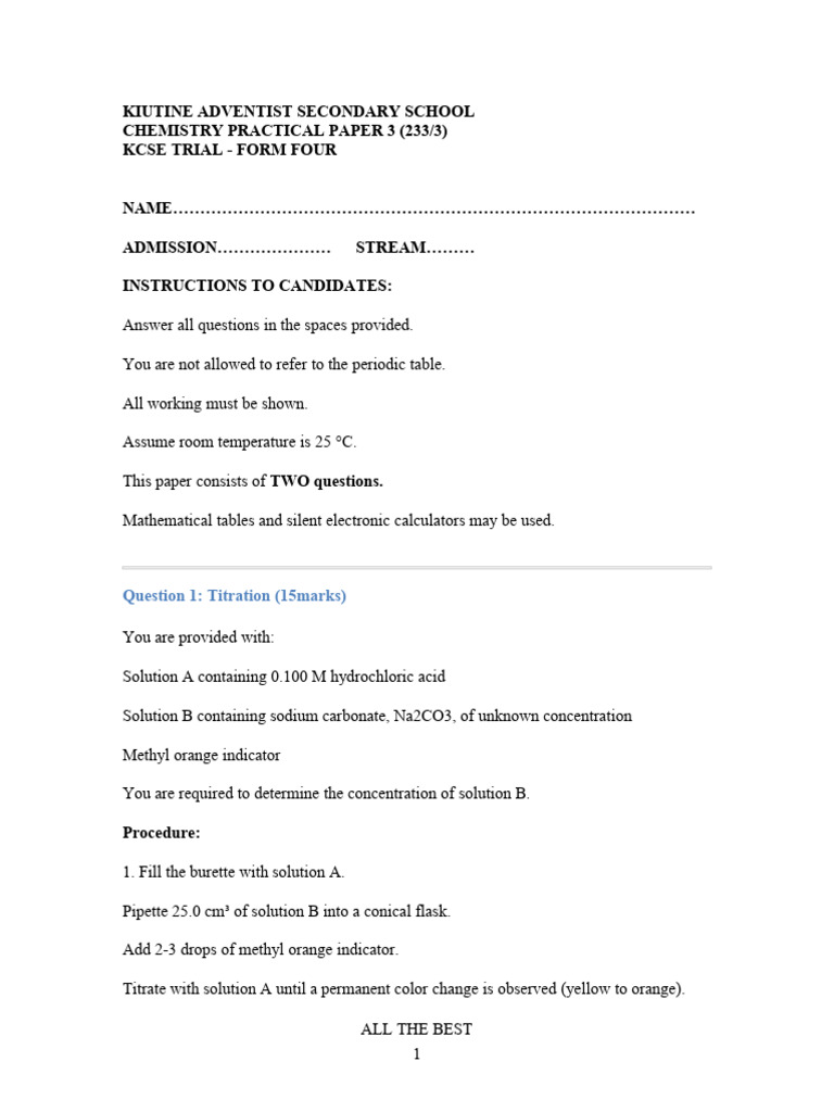 Cat 2 Chem Form Four | PDF | Precipitation (Chemistry) | Titration