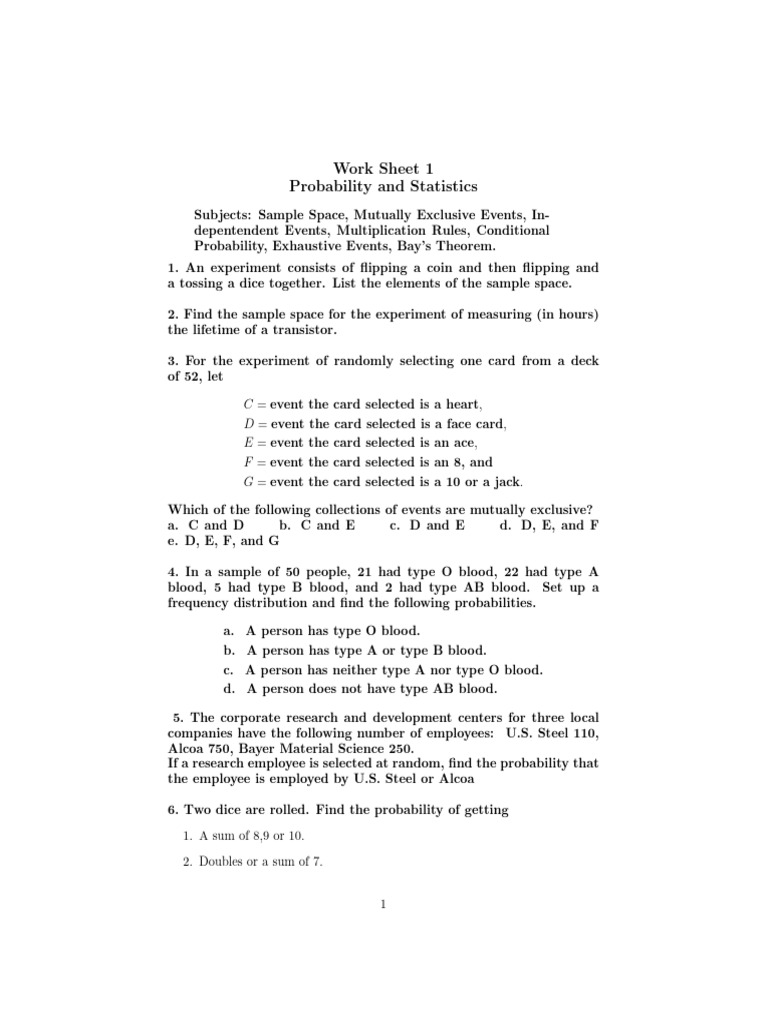 Work Sheet 1 | PDF | Probability | Sampling (Statistics)