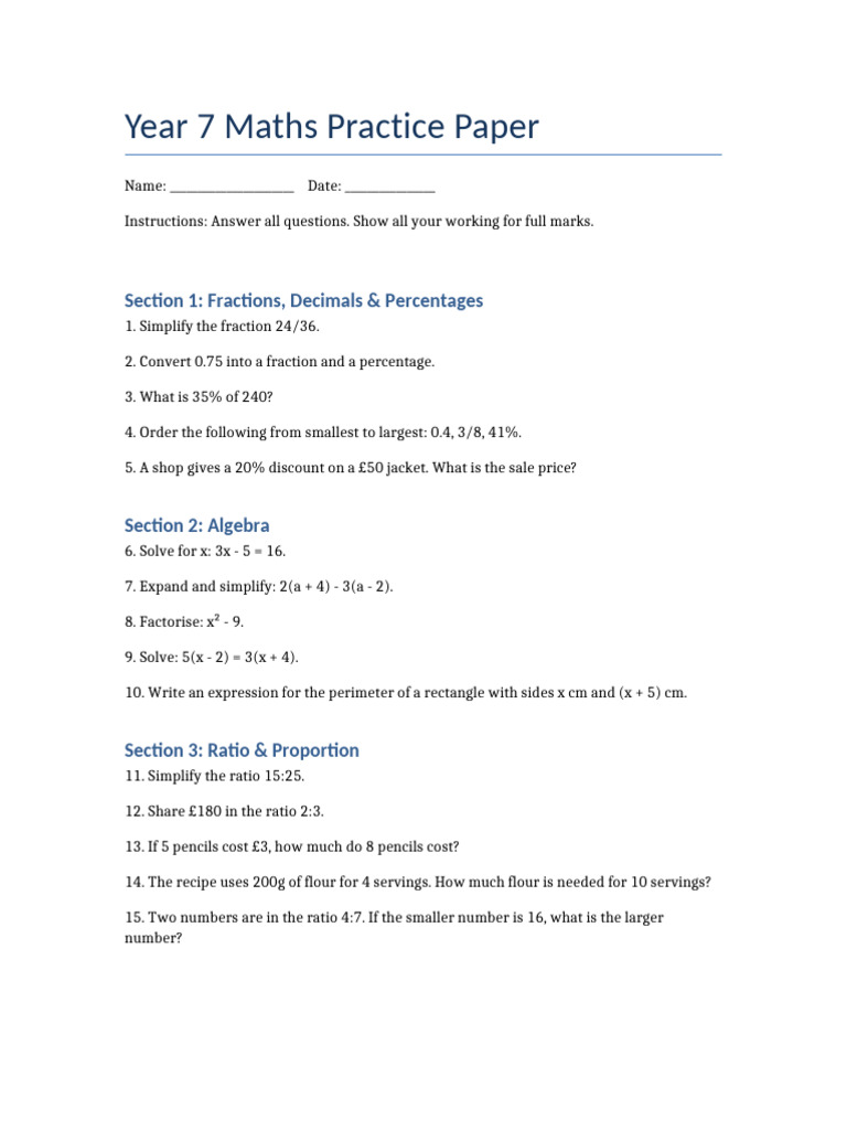 Year 7 Maths Practice Paper | PDF