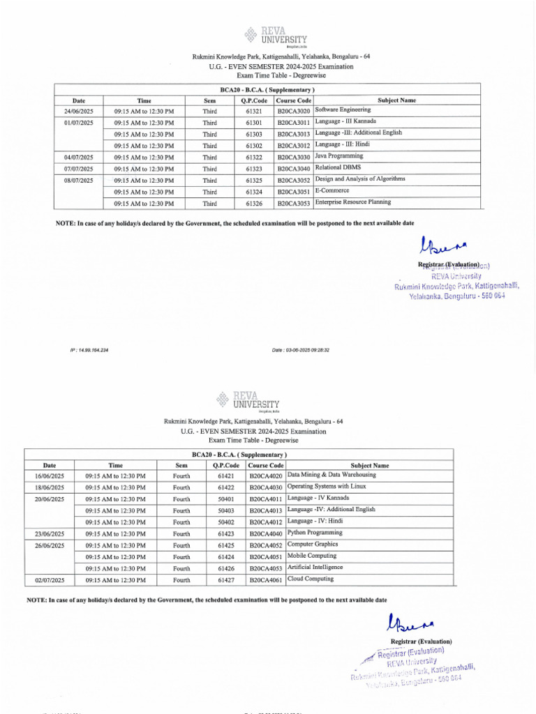 SEE Time Table - BCA20 - Bachelor of Computer Applications | PDF