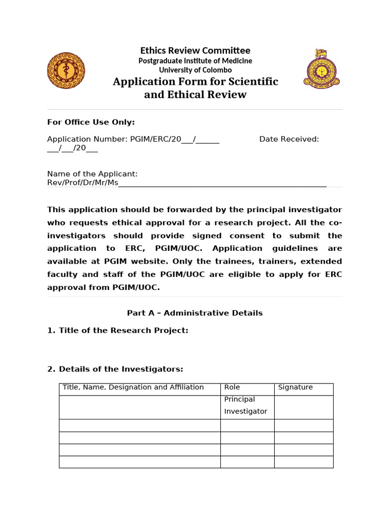 PGIM Ethics Review Application Form | PDF | Informed Consent | Evaluation