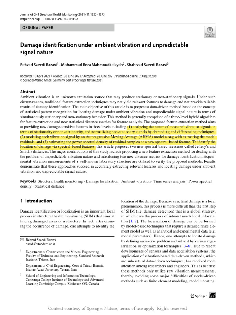 Damage Identification via Ambient Vibration | PDF | Stationary Process ...