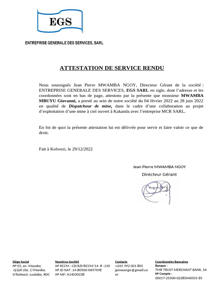 Attestation de Service Rendu à Kolwezi | PDF