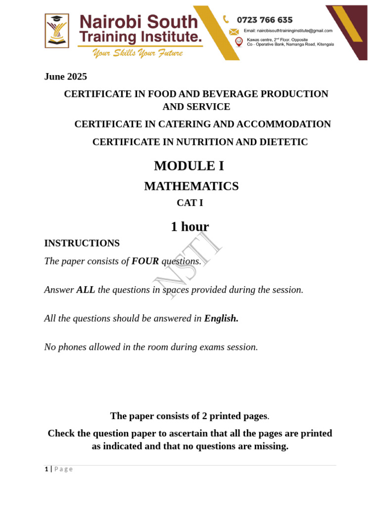 Mathematics Exam for Food & Beverage Certificate | PDF