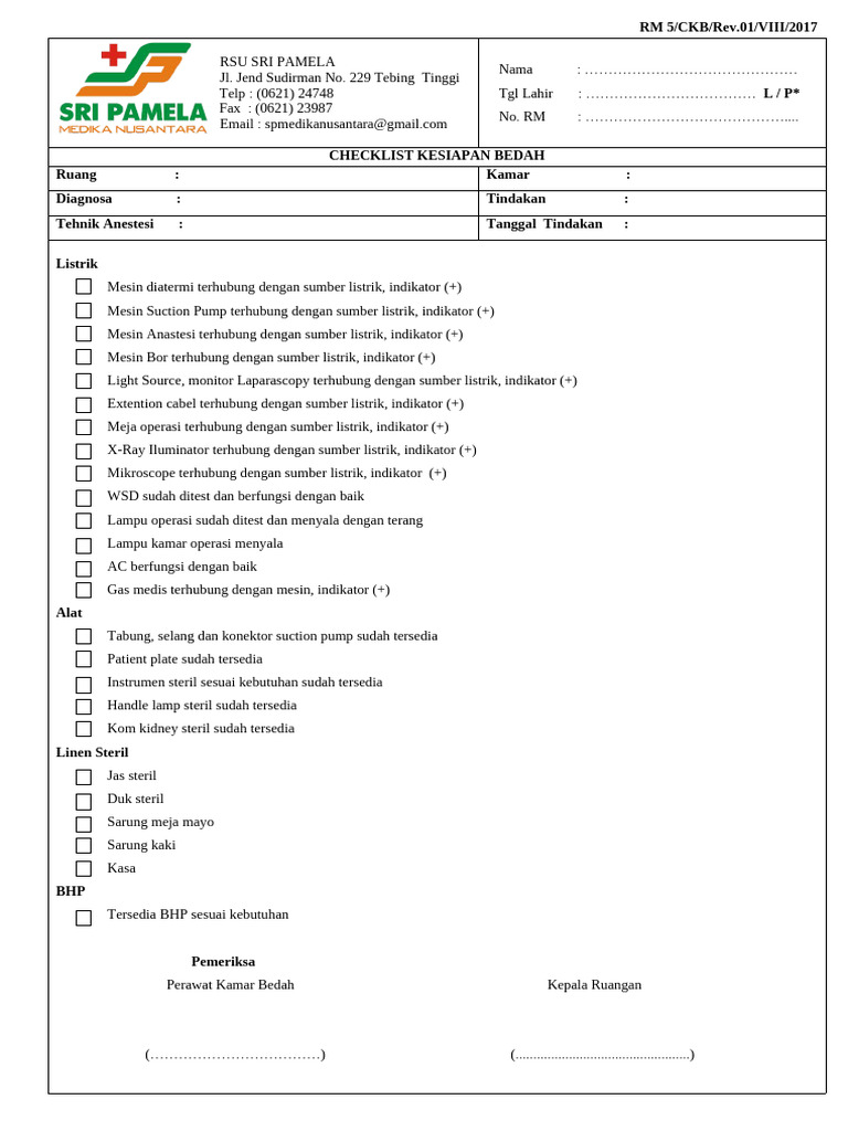 Rm 5 Ckbrev.01viii2017 Checklist Kesiapan Bedah | PDF