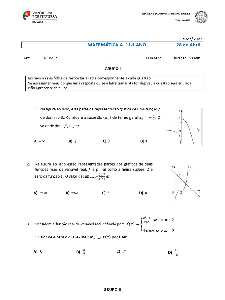 Questões de Matemática do 11.º Ano | PDF | Função (Matemática) | Matemática