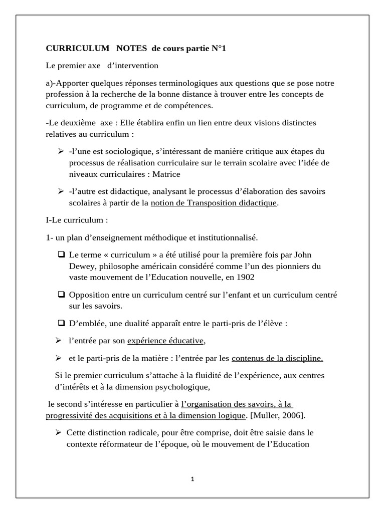 Notes sur le curriculum éducatif | PDF | Pédagogie | Expérience