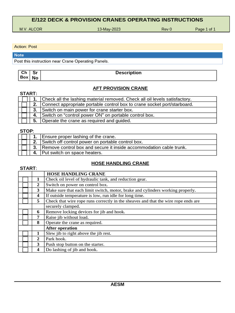 Provision Crane Operating Instructions | PDF