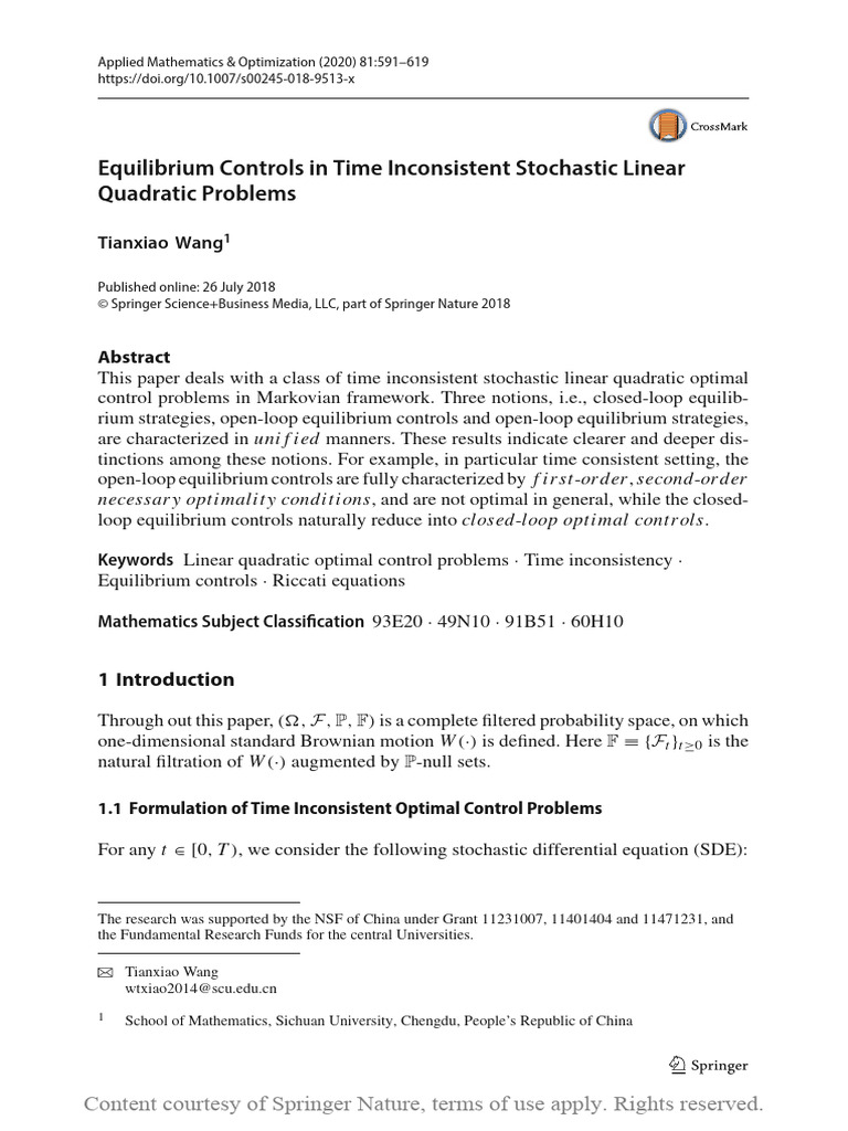 Equilibrium Controls in Time Inconsistent Stochast | PDF | Stochastic ...