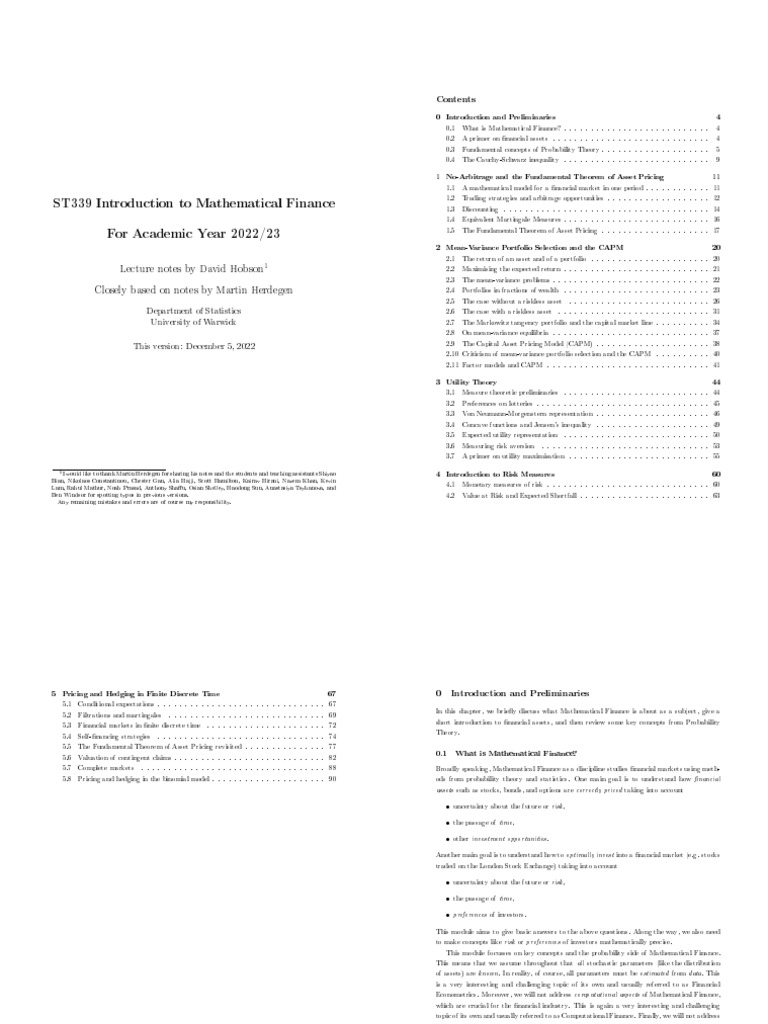 Introduction to Mathematical Finance | PDF | Modern Portfolio Theory ...