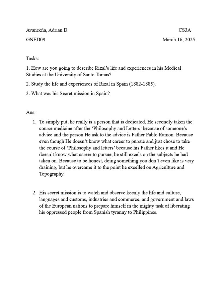Rizal's Medical Studies and Mission in Spain | PDF