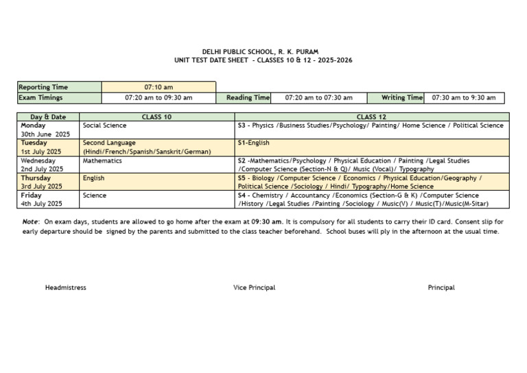 DPS R.K. Puram Unit Test Schedule 2025-26 | PDF