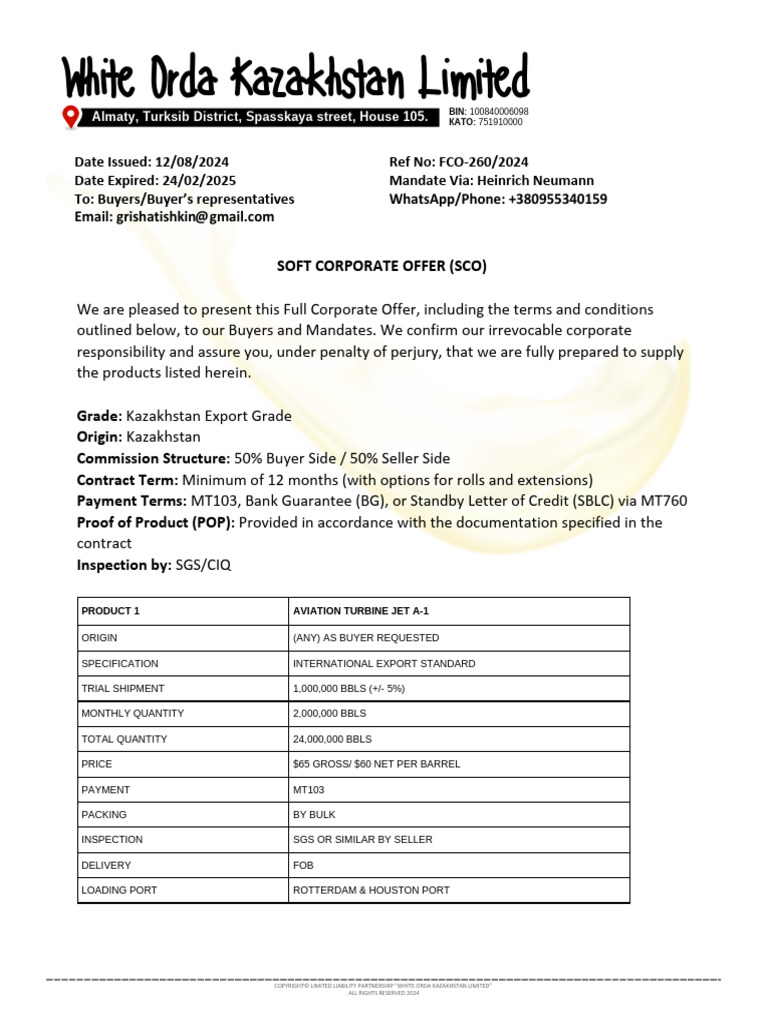 1white Orda Kazakhstan LTD Official Refinery Letter | PDF | Barrel ...