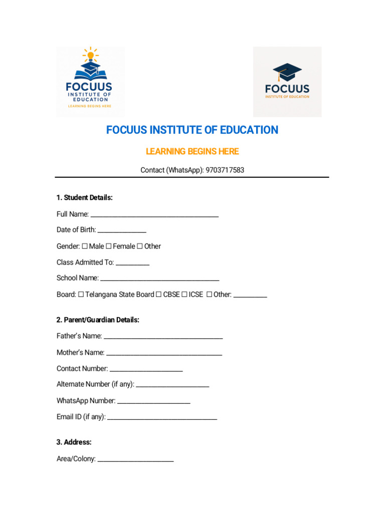 FOCUUS Admission Form With Office Use Photograph | PDF