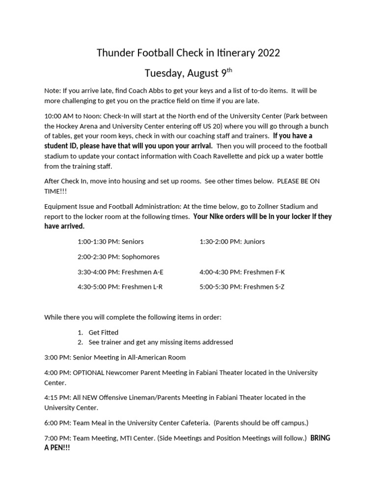 Thunder Football Check-In Itinerary 2022 | PDF