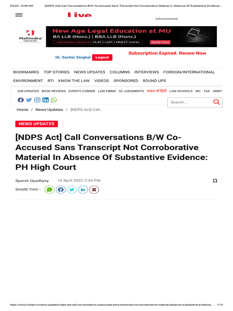 (NDPS Act) Call Conversations B - W Co-Accused Sans Transcript Not ...