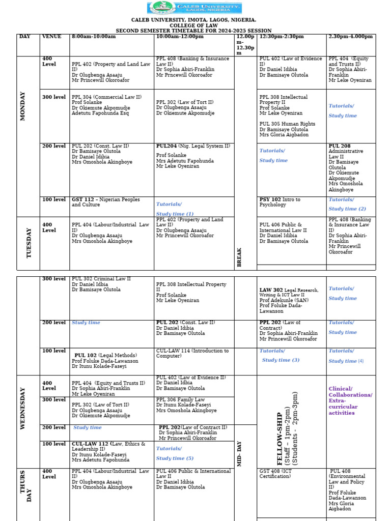 2024-2025 Colaw Second Semester Timetable | PDF | Social Policy ...
