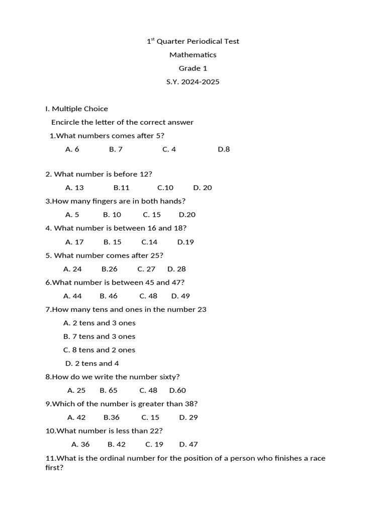 1st Quarter Periodical Math | PDF