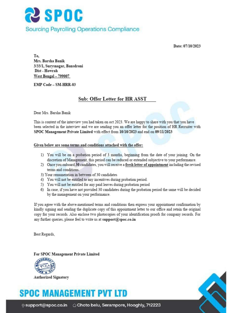 Offer Letter for HR Recruiter Position | PDF
