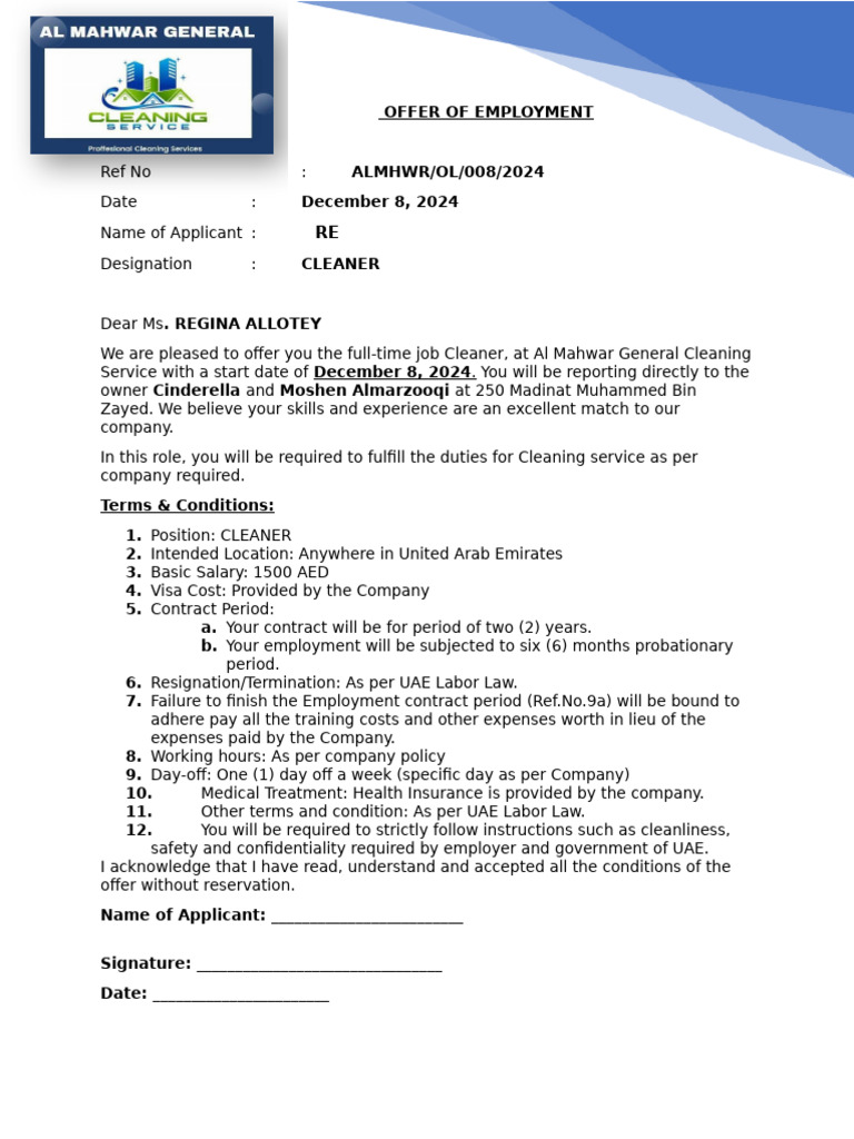 Employment Offer for Cleaner Position | PDF