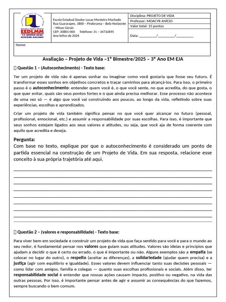 Avaliação Projeto de Vida 2024 EM EJA | PDF | Pensamento