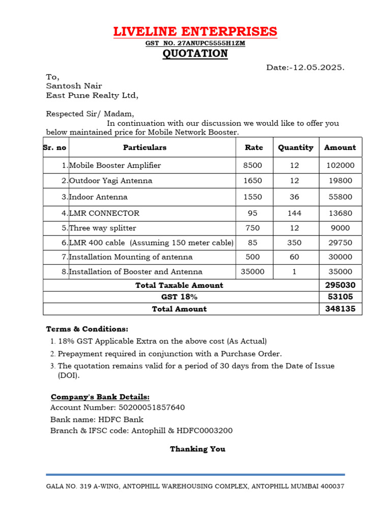 Quotation for Mobile Network Booster | PDF