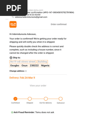 Temu Order Confirmation Details | PDF