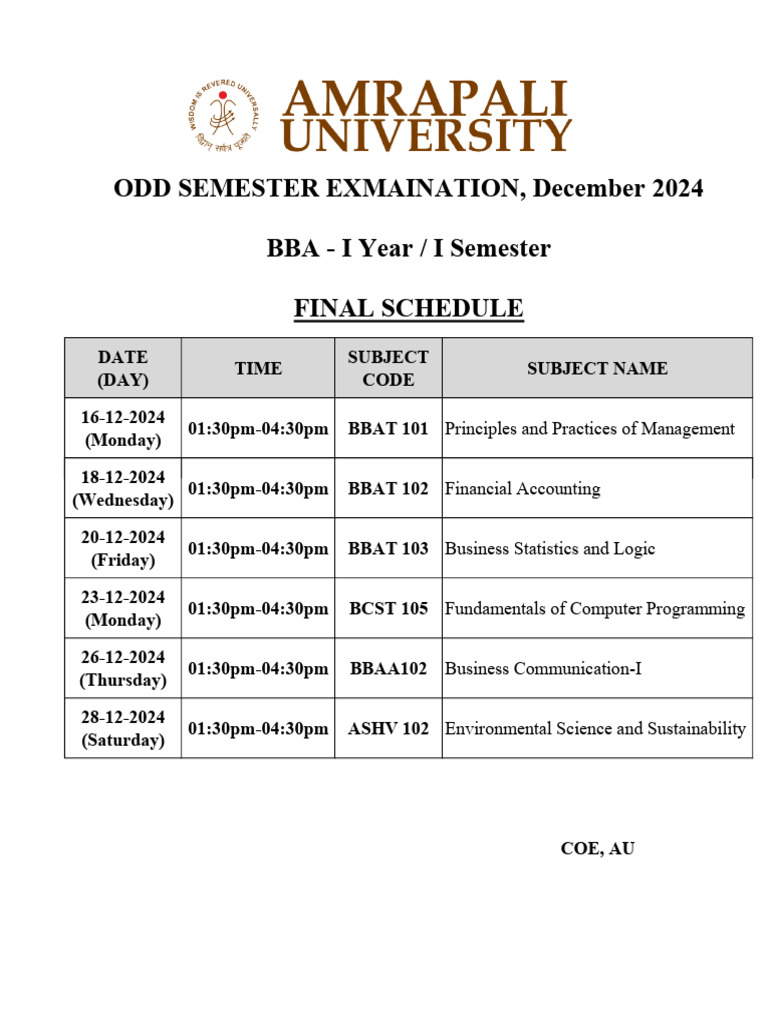 BBA Semester 1 Exam Schedule 2024 | PDF