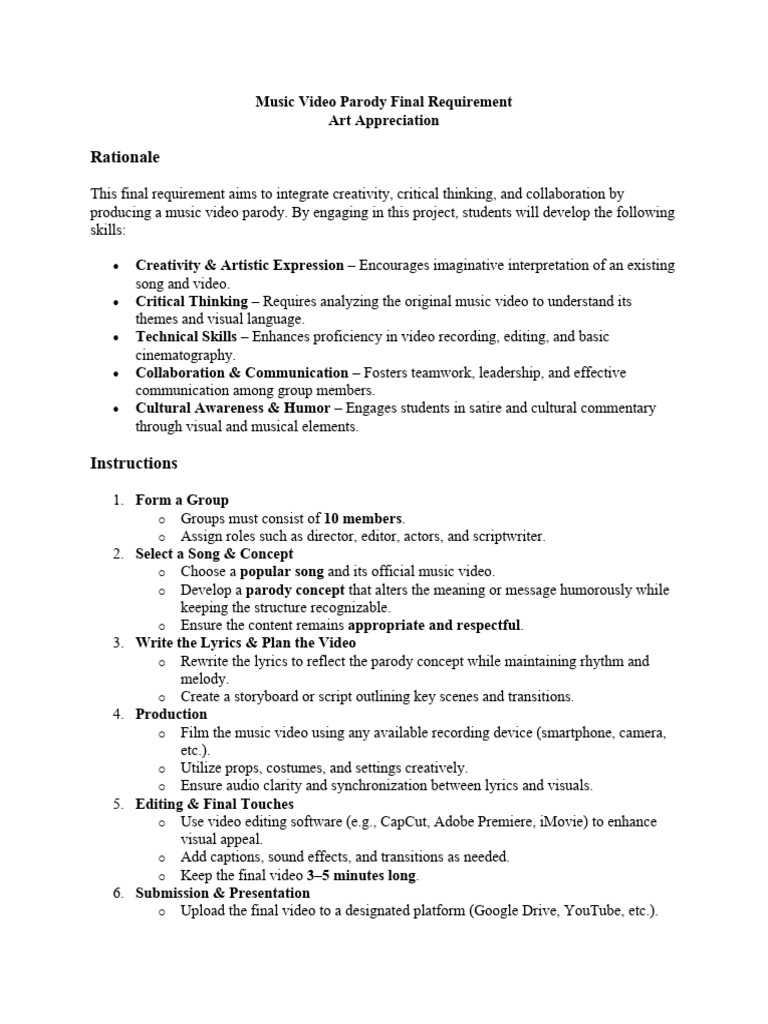Music Video Parody Project Guidelines | PDF | Editing | Creativity