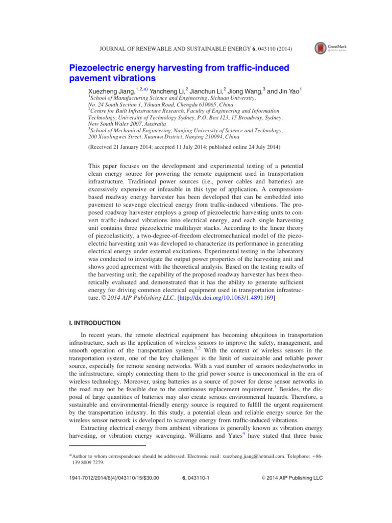 Piezoelectric Energy from Traffic Vibrations | PDF | Energy Harvesting ...