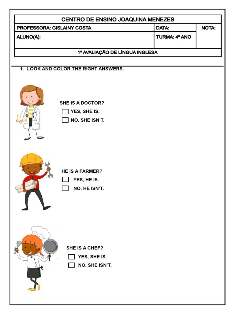 Prova de Inglês 4º Ano | PDF