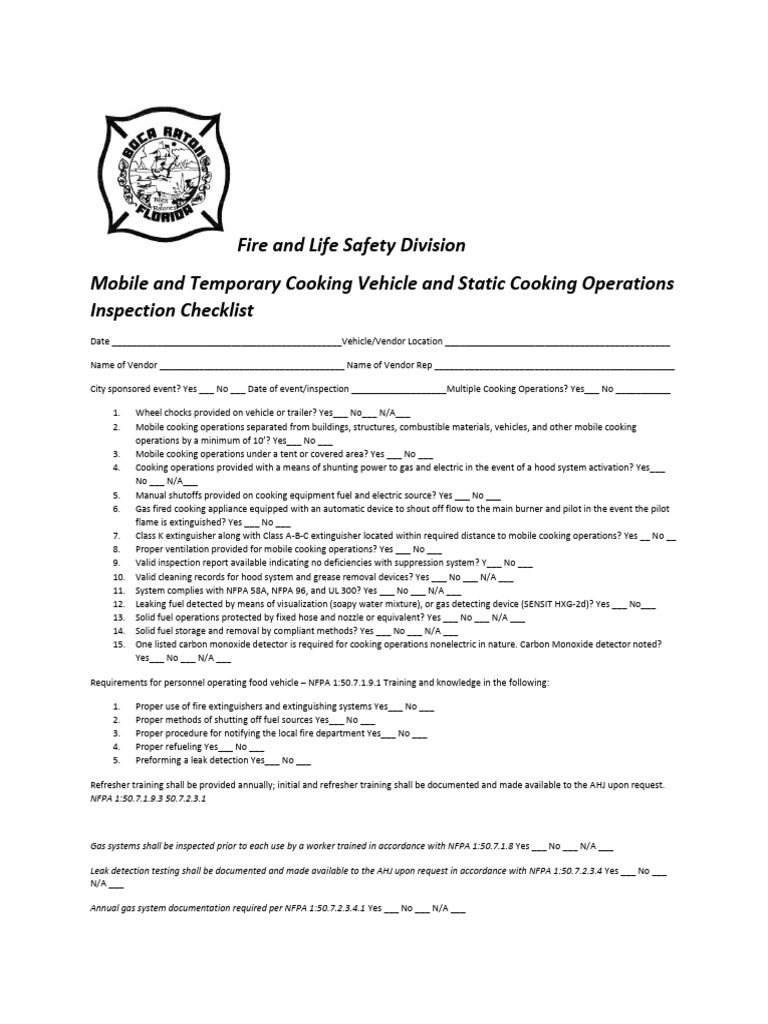 Food Truck Fire Safety Inspection Checklist | PDF