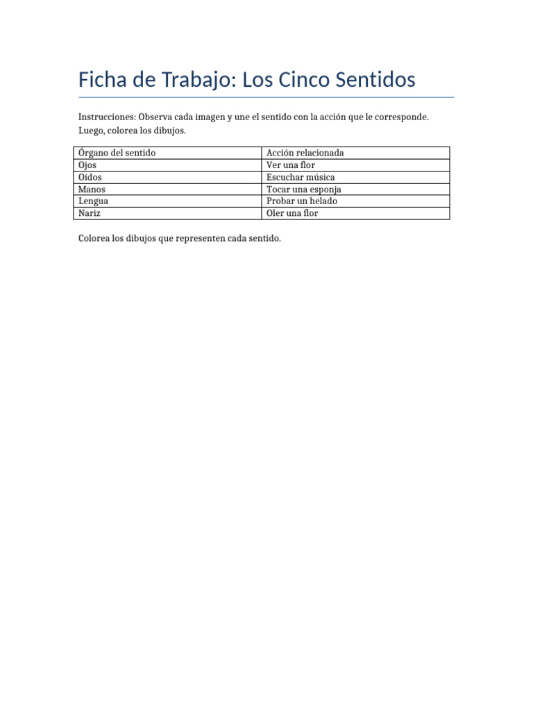 Ficha Visual Los Cinco Sentidos | PDF