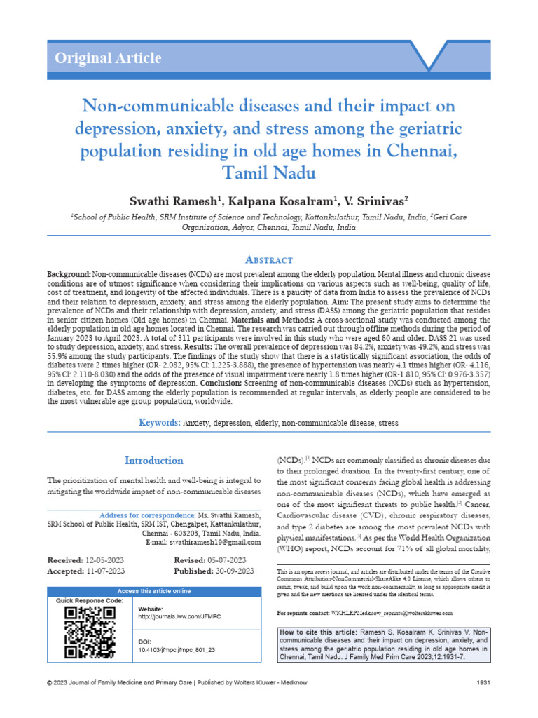 NCDs and Mental Health in Chennai Seniors | PDF | Non Communicable ...