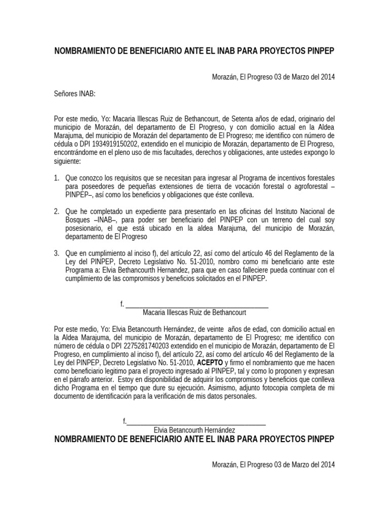 Nombramiento Beneficiario PINPEP INAB | PDF