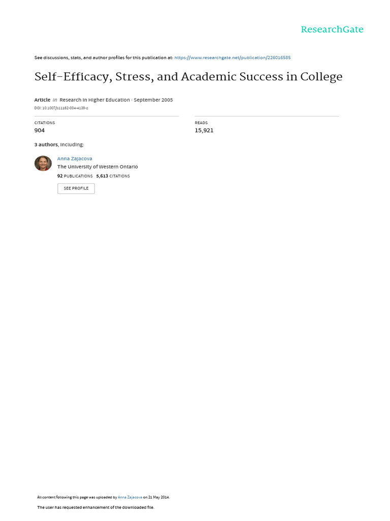 Self-Efficacy Stress and Academic Success in Colle | PDF | Self ...
