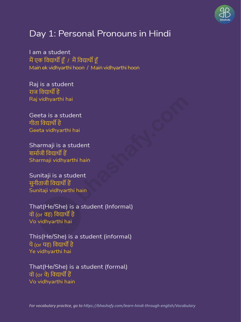 English Hindi+Sentences+Day+1+ +pronouns | PDF