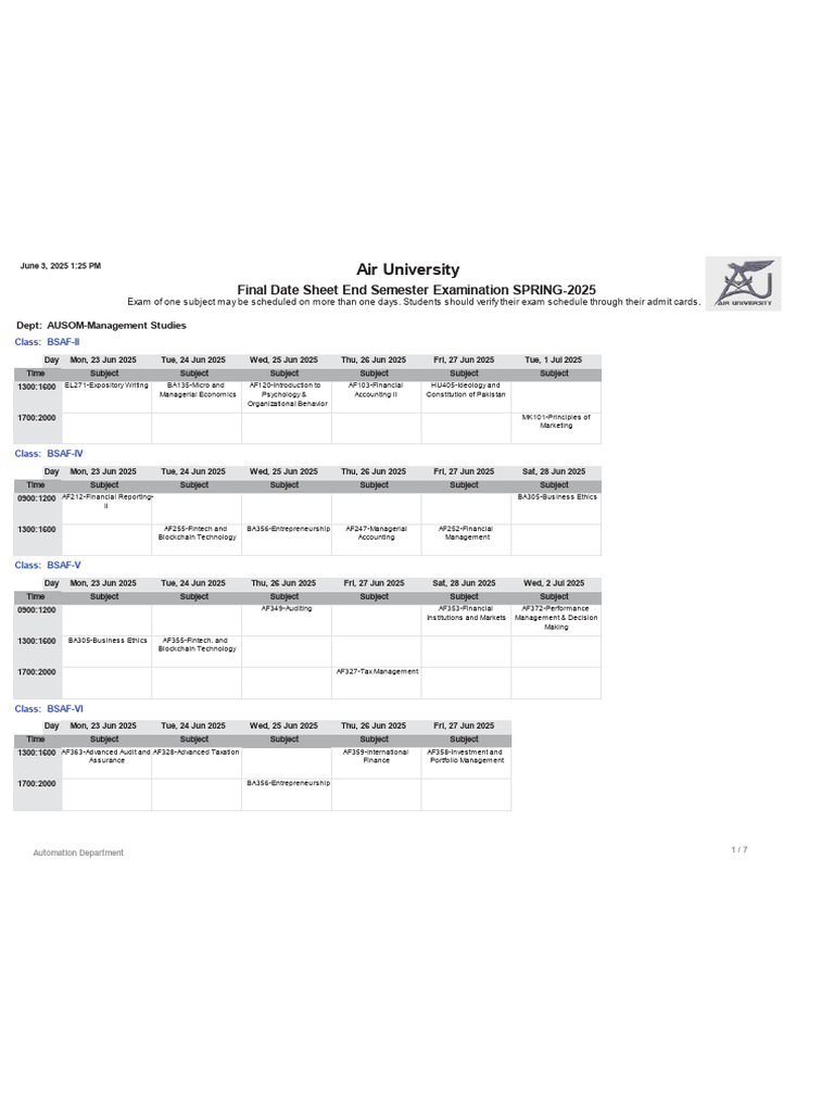 Air University Spring 2025 Exam Schedule | PDF | Business | Economies