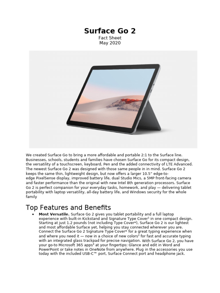 Surface Go 2 Fact Sheet | PDF | Windows 10 | Computing