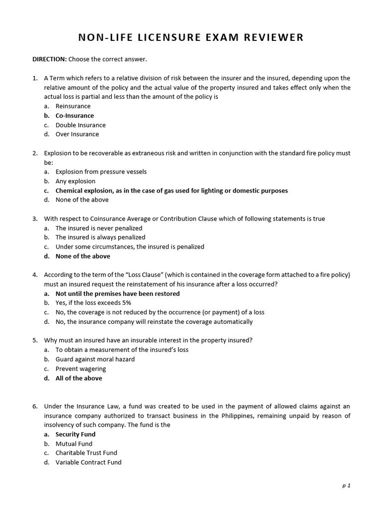 Non-Life Insurance Exam Review Questions | PDF | Insurance | Surety