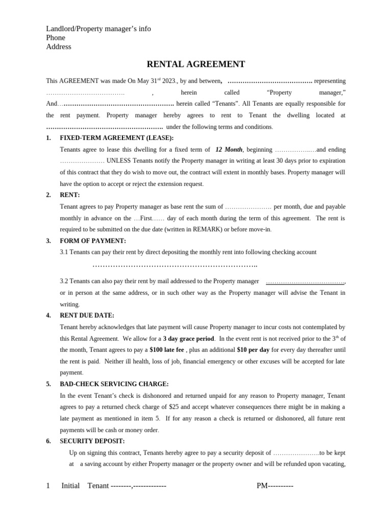 Gallery Detail: Rental Agreement Template For Tenants Pdf Lease