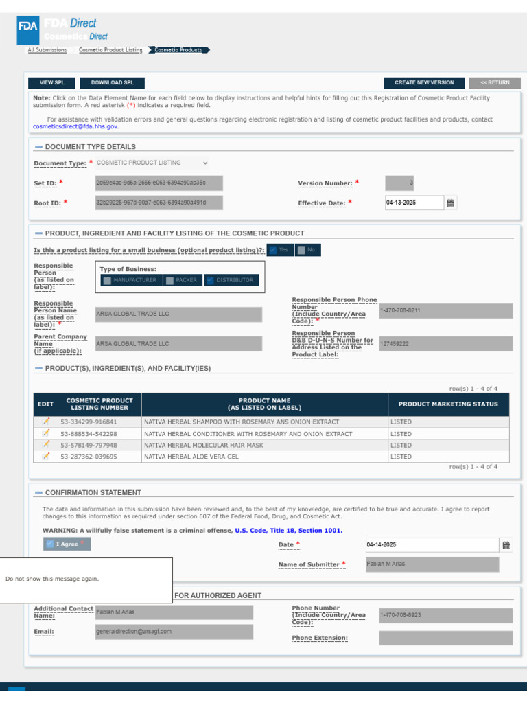 FDA Cosmetic Product Registration Form | PDF