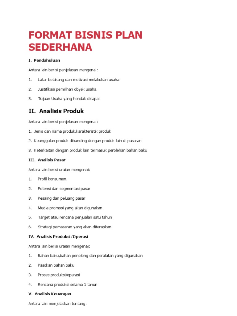 Format bisnis plan sederhana