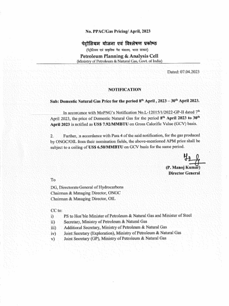08 April 30 April 2023 Domestic Gas Price | PDF