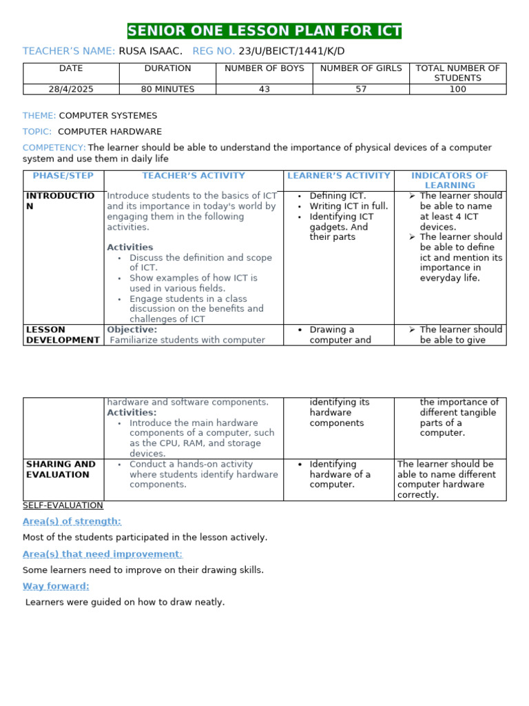 Senior One Lesson Plan For Ict by Rusa Isaac Mru2023001441 | PDF ...