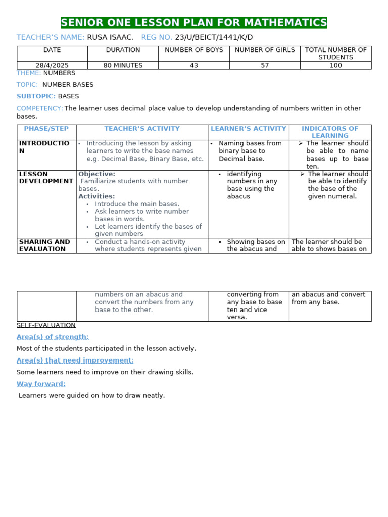 Senior One Math Lesson Plan: Number Bases | PDF | Learning | Lesson Plan