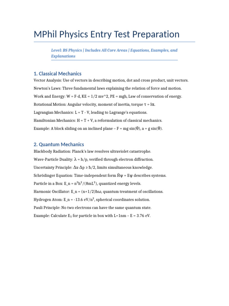 MPhil Physics Entry Test Guide | PDF