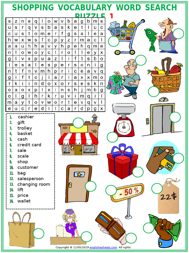 Shopping Vocabulary Esl Word Search Puzzle Worksheets For Kids | PDF